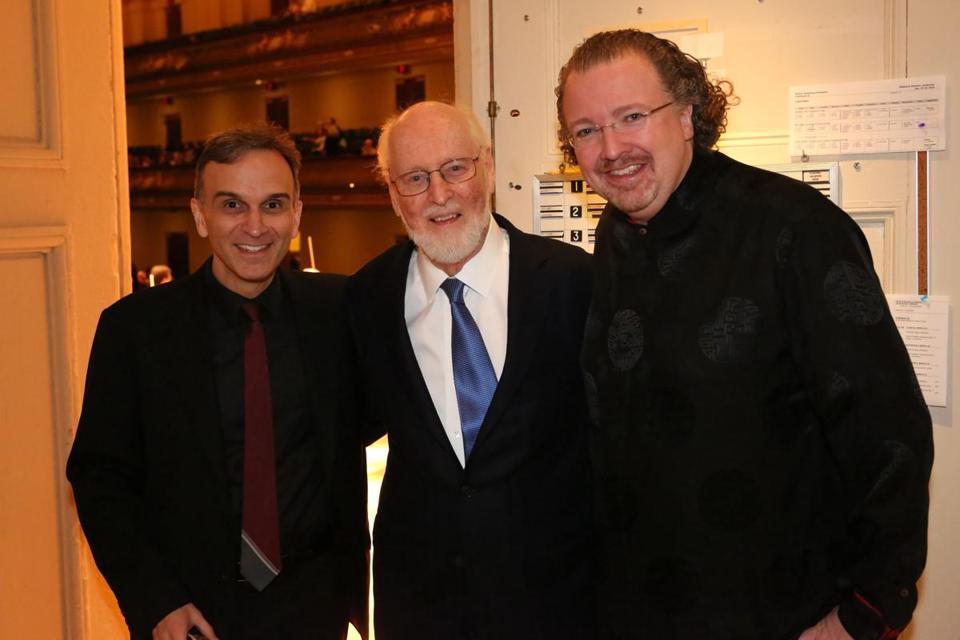 violinist gil shaham with boston pops laureate conductor john williams and conductor stéphane denève (hilary scott)